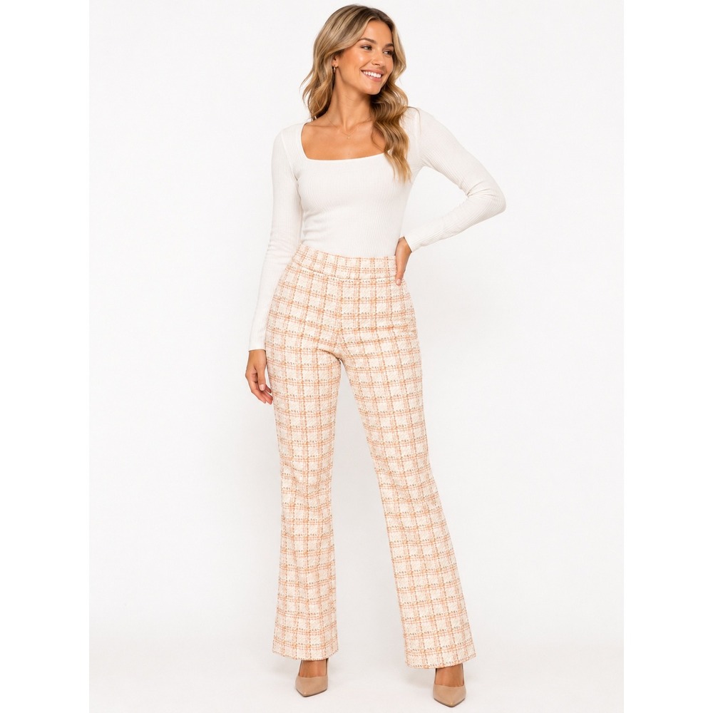 Toccin Claire Flare Pant Mango Multi Orange Tweed Plaid‎ Trousers Size 10 NEW